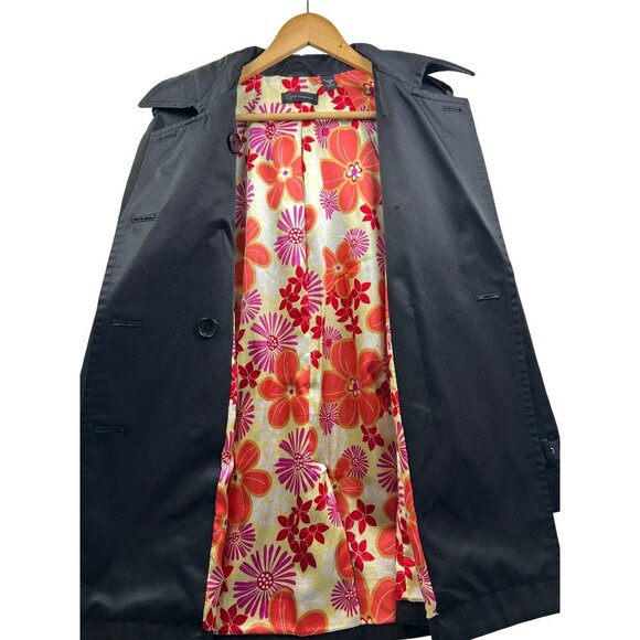 Context Trench Coat Womens M Belted Double Breasted Floral Lining Blk Retro Chic - Picture 10 of 13